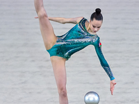 Kondrashina Anna of Belarus performs the Ball exercise during the International Rhythmic Gymnastics Tournament ''Sky Grace 2024'' at Aspire...