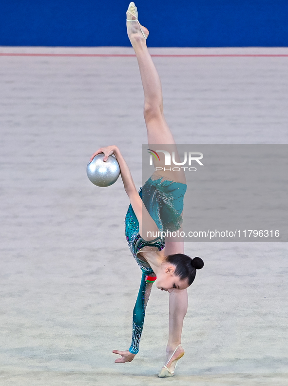 Kondrashina Anna of Belarus performs the Ball exercise during the International Rhythmic Gymnastics Tournament ''Sky Grace 2024'' at Aspire...