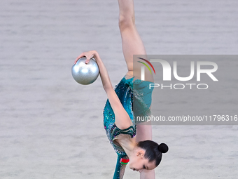 Kondrashina Anna of Belarus performs the Ball exercise during the International Rhythmic Gymnastics Tournament ''Sky Grace 2024'' at Aspire...