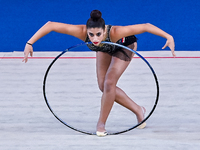 Habiba Aly of Egypt performs the Hoop exercise during the International Rhythmic Gymnastics Tournament ''Sky Grace 2024'' at Aspire Zone Fou...