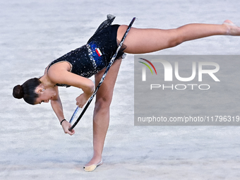 Habiba Aly of Egypt performs the Hoop exercise during the International Rhythmic Gymnastics Tournament ''Sky Grace 2024'' at Aspire Zone Fou...