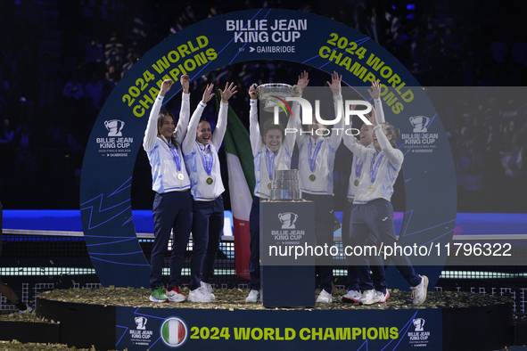 MALAGA, SPAIN - NOVEMBER 20: Jasmine Paolini and her teammates of Italy celebrate the victory after winners the Billie Jean King Cup Finals...