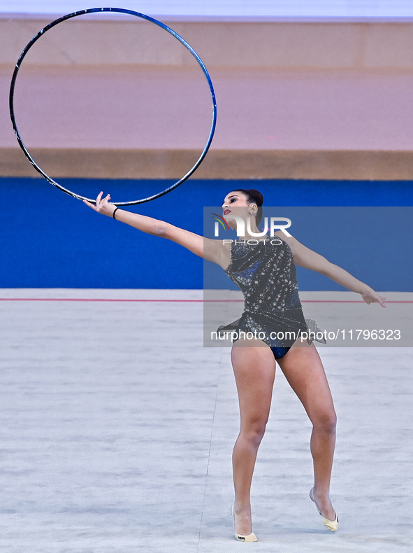 Habiba Aly of Egypt performs the Hoop exercise during the International Rhythmic Gymnastics Tournament ''Sky Grace 2024'' at Aspire Zone Fou...