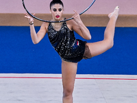 Habiba Aly of Egypt performs the Hoop exercise during the International Rhythmic Gymnastics Tournament ''Sky Grace 2024'' at Aspire Zone Fou...