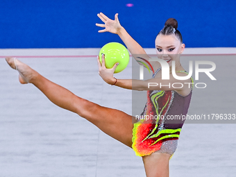 Alisa Medvedeva of Russia performs the Ball exercise during the International Rhythmic Gymnastics Tournament ''Sky Grace 2024'' at Aspire Zo...