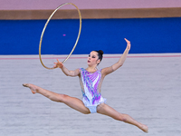 Alexandra Kirpichnikova of Germany performs the Hoop exercise during the International Rhythmic Gymnastics Tournament ''Sky Grace 2024'' at...