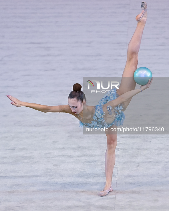 Alina Rechkina of Belarus performs the Ball exercise during the International Rhythmic Gymnastics Tournament ''Sky Grace 2024'' at Aspire Zo...