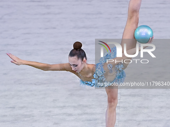 Alina Rechkina of Belarus performs the Ball exercise during the International Rhythmic Gymnastics Tournament ''Sky Grace 2024'' at Aspire Zo...