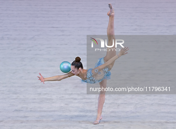 Alina Rechkina of Belarus performs the Ball exercise during the International Rhythmic Gymnastics Tournament ''Sky Grace 2024'' at Aspire Zo...