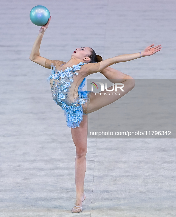 Alina Rechkina of Belarus performs the Ball exercise during the International Rhythmic Gymnastics Tournament ''Sky Grace 2024'' at Aspire Zo...