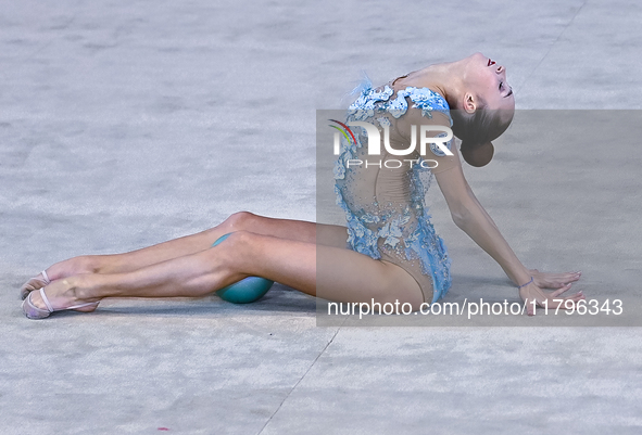 Alina Rechkina of Belarus performs the Ball exercise during the International Rhythmic Gymnastics Tournament ''Sky Grace 2024'' at Aspire Zo...