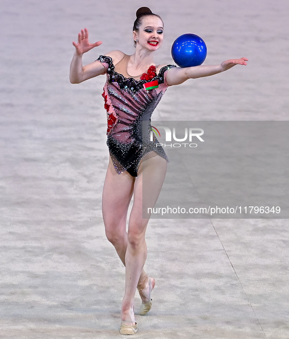 Hanna Kamenshchykava of Belarus performs the Hoop exercise during the International Rhythmic Gymnastics Tournament 'Sky Grace 2024' at Aspir...