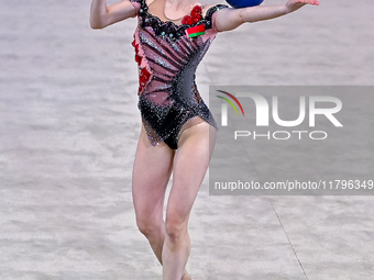 Hanna Kamenshchykava of Belarus performs the Hoop exercise during the International Rhythmic Gymnastics Tournament 'Sky Grace 2024' at Aspir...