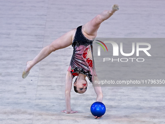 Hanna Kamenshchykava of Belarus performs the Hoop exercise during the International Rhythmic Gymnastics Tournament 'Sky Grace 2024' at Aspir...