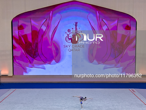 Hanna Kamenshchykava of Belarus performs the Hoop exercise during the International Rhythmic Gymnastics Tournament 'Sky Grace 2024' at Aspir...