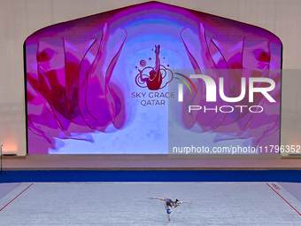 Hanna Kamenshchykava of Belarus performs the Hoop exercise during the International Rhythmic Gymnastics Tournament 'Sky Grace 2024' at Aspir...