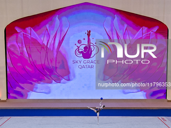 Hanna Kamenshchykava of Belarus performs the Hoop exercise during the International Rhythmic Gymnastics Tournament 'Sky Grace 2024' at Aspir...