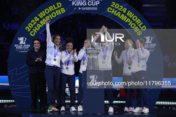 MALAGA, SPAIN - NOVEMBER 20: Jasmine Paolini and her teammates of Italy celebrate the victory after winners the Billie Jean King Cup Finals...