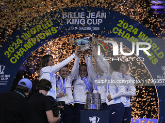 MALAGA, SPAIN - NOVEMBER 20: Jasmine Paolini and her teammates of Italy celebrate the victory after winners the Billie Jean King Cup Finals...