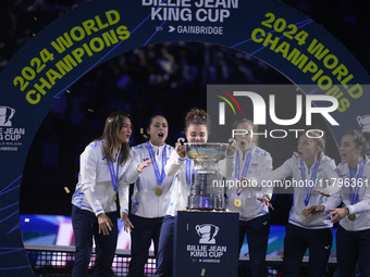 MALAGA, SPAIN - NOVEMBER 20: Jasmine Paolini and her teammates of Italy celebrate the victory after winners the Billie Jean King Cup Finals...