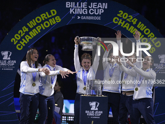 MALAGA, SPAIN - NOVEMBER 20: Jasmine Paolini and her teammates of Italy celebrate the victory after winners the Billie Jean King Cup Finals...