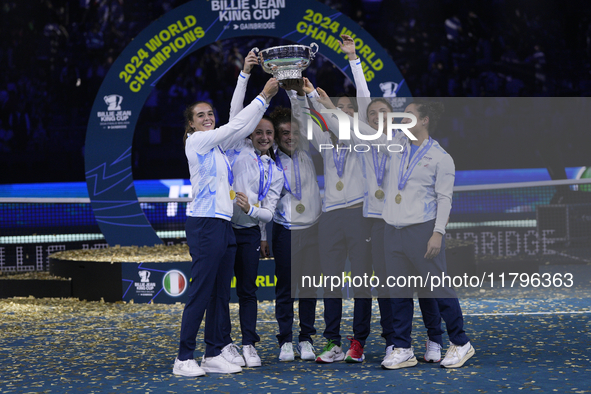 MALAGA, SPAIN - NOVEMBER 20: Jasmine Paolini and her teammates of Italy celebrate the victory after winners the Billie Jean King Cup Finals...