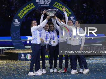 MALAGA, SPAIN - NOVEMBER 20: Jasmine Paolini and her teammates of Italy celebrate the victory after winners the Billie Jean King Cup Finals...