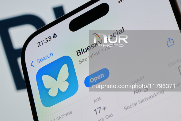 The Bleusky app logo is seen on an iPhone in this illustration photo taken in Warsaw, Poland on 20 November, 2024. 