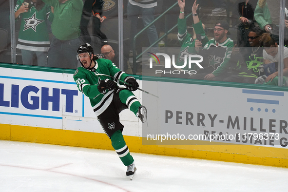 Matt Duchene #95 of the Dallas Stars celebrates after scoring a goal against the Anaheim Ducks during the NHL regular season match at the Am...