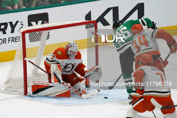 Matt Duchene #95 of the Dallas Stars makes a play against goalie Lukas Dostal #1 of the Anaheim Ducks during the NHL regular season match at...