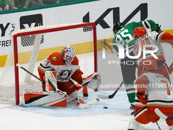 Matt Duchene #95 of the Dallas Stars makes a play against goalie Lukas Dostal #1 of the Anaheim Ducks during the NHL regular season match at...