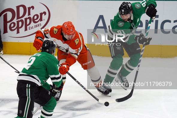 Jansen Harkins #38 of the Anaheim Ducks battles for the puck against the Dallas Stars during the NHL regular season match at the American Ai...