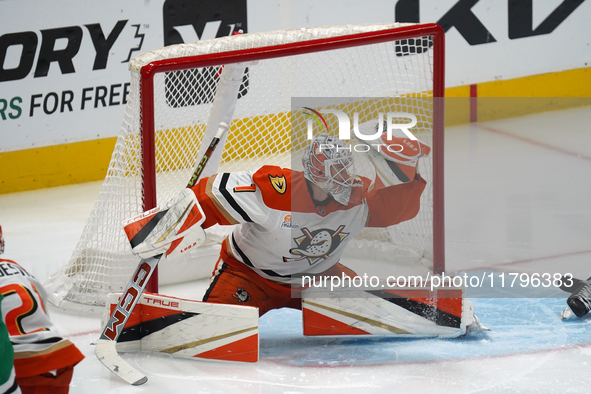 Lukas Dostal, the #1 goalkeeper of the Anaheim Ducks, defends a play against the Dallas Stars during the NHL regular season match at the Ame...