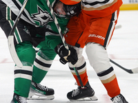 Tyler Seguin #91 of the Dallas Stars and Leo Carlsson #91 of the Anaheim Ducks battle for the puck during the NHL regular season match at th...