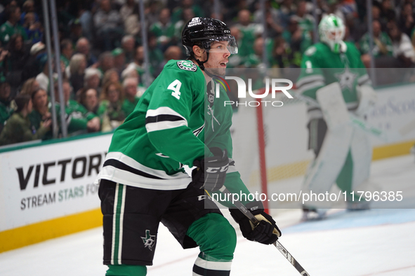 Miro Heiskanen #4 of the Dallas Stars skates on the ice against the Anaheim Ducks during the NHL regular season match at the American Airlin...