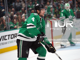 Miro Heiskanen #4 of the Dallas Stars skates on the ice against the Anaheim Ducks during the NHL regular season match at the American Airlin...