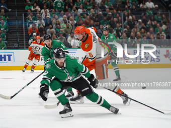 Mavrik Bourque #4 of the Dallas Stars blocks the shot of Brian Dumoulin of the Anaheim Ducks during the NHL regular season match at the Amer...