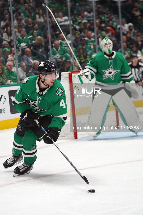 Miro Heiskanen #4 of the Dallas Stars skates on the ice against the Anaheim Ducks during the NHL regular season match at the American Airlin...