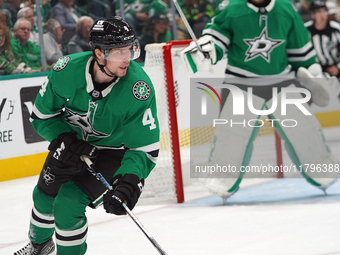 Miro Heiskanen #4 of the Dallas Stars skates on the ice against the Anaheim Ducks during the NHL regular season match at the American Airlin...