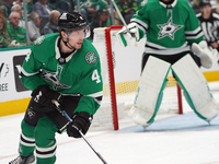 Miro Heiskanen #4 of the Dallas Stars skates on the ice against the Anaheim Ducks during the NHL regular season match at the American Airlin...