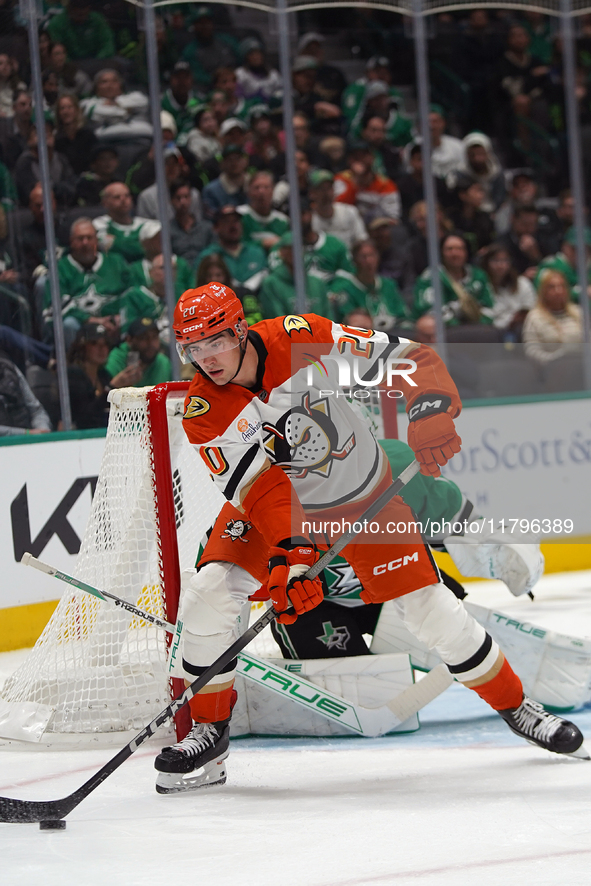 Brett Leason #20 of the Anaheim Ducks controls the puck against the Dallas Stars during the NHL regular season match at the American Airline...