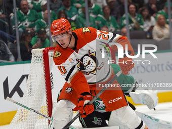 Brett Leason #20 of the Anaheim Ducks controls the puck against the Dallas Stars during the NHL regular season match at the American Airline...