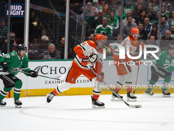 Brian Dumoulin #6 of the Anaheim Ducks skates on the ice with the puck against the Dallas Stars during the NHL regular season match at the A...