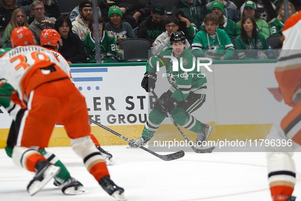 Miro Heiskanen #4 of the Dallas Stars skates on the ice against the Anaheim Ducks during the NHL regular season match at the American Airlin...