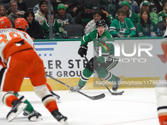 Miro Heiskanen #4 of the Dallas Stars skates on the ice against the Anaheim Ducks during the NHL regular season match at the American Airlin...