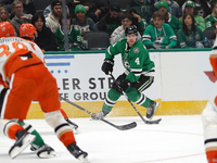 Miro Heiskanen #4 of the Dallas Stars skates on the ice against the Anaheim Ducks during the NHL regular season match at the American Airlin...