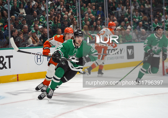 Mavrik Bourque #22 of the Dallas Stars skates on the ice against the Anaheim Ducks during the NHL regular season match at the American Airli...