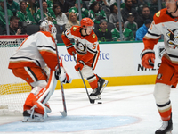 Olen Zellweger #51 of the Anaheim Ducks skates on the ice with the puck against the Dallas Stars during the NHL regular season match at the...