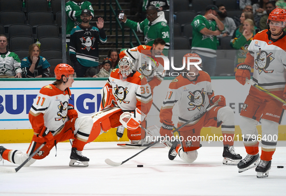 Anaheim Ducks players are on the ice against the Dallas Stars during the NHL regular season match at the American Airlines Center in Dallas,...