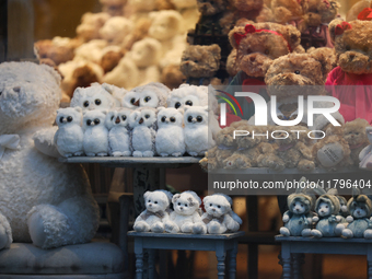 Plush toys are in a store window on the street in Krakow, Poland, on November 18, 2024. (